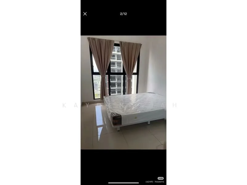 Bedroom features: queen-size bed, white bed frame, floor-to-ceiling windows, sheer curtains, cream painted walls, glossy tile flooring, city view, decorative wall, built-in wardrobe; style: modern; view: city.