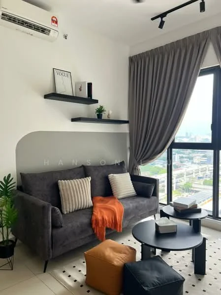 Living features: grey fabric sofa, decorative cushions, orange throw blanket, black coffee table, shelf with decorative items, floor-to-ceiling window, curtains, indoor plant, air conditioning unit, recessed lighting; style: modern; view: city.