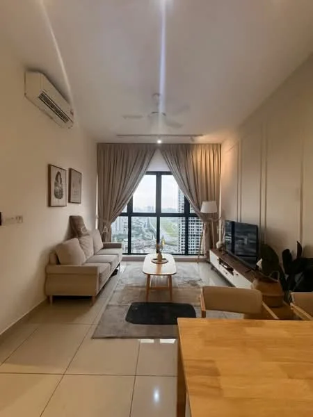 Living features: 3-seater fabric sofa in beige, wood coffee table, TV console, wall-mounted TV, area rug, floor-to-ceiling windows, sheer curtains, recessed downlights, ceiling fan, air conditioning unit, decorative plants, wall art, wooden shelving unit; style: modern; view: city.