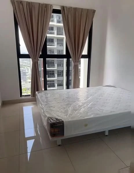 Bedroom features: queen-size bed, white mattress protector, floor-to-ceiling windows, sheer curtains, cream curtains, glossy tile flooring, neutral painted walls, city view; style: modern; view: city.