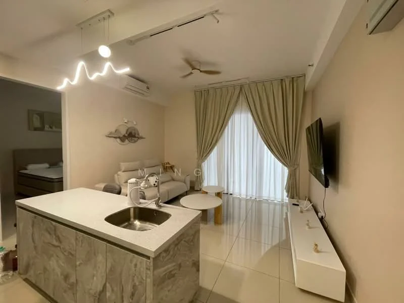 Living features: light grey fabric sofa, white coffee table, wall-mounted TV, white TV console, recessed downlights, 5-blade ceiling fan, floor-to-ceiling windows with sheer curtains, cream painted walls, glossy tile flooring, kitchen island with stone countertop, stainless-steel sink, chrome pull-down faucet; style: modern.