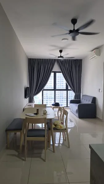 Living features: grey fabric sofa, dining table with four chairs, floor-to-ceiling windows, sheer curtains, dark grey curtains, 2-blade ceiling fans, wall-mounted TV, polished tile flooring, decorative wall, open layout, area rug; style: modern; view: city.