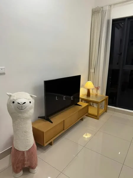 Living features: flat-screen TV on wooden console, wooden coffee table, table lamp with warm light, large window with black frames, curtains in light fabric, glossy tiled flooring, decorative plush llama, neutral wall color; style: modern.