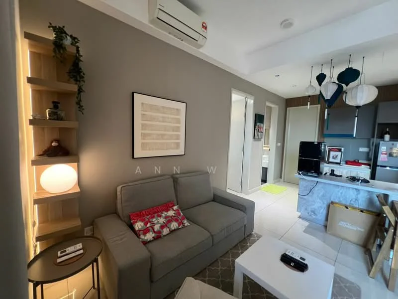 Living features: grey fabric sofa, decorative cushions, coffee table, wall-mounted TV, LED ceiling lights, air conditioning unit, light wood shelving unit, framed artwork on wall, area rug with geometric pattern, floor lamp, white walls, tile flooring; style: modern. Room features: open kitchen area, stainless-steel fridge, kitchen cabinets, countertop.