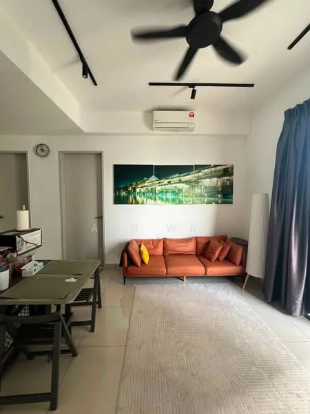 Living features: 3-seater leather sofa in orange, ceiling fan, wall-mounted split AC, recessed downlights, large artwork on wall, grey area rug, dining table with chairs, curtains, light-colored walls, tile flooring; style: modern.