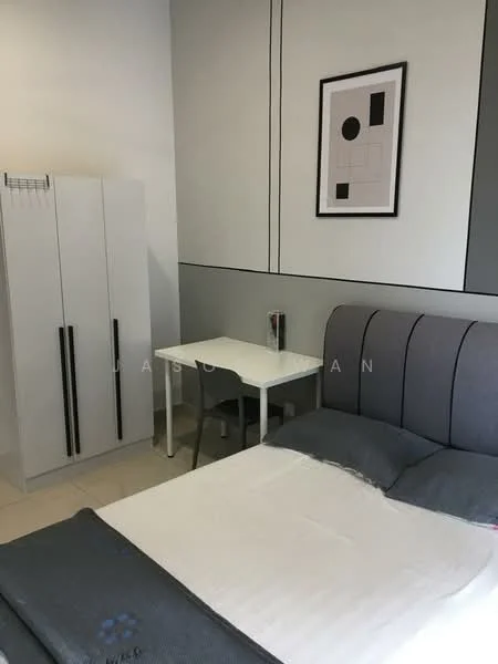 Bedroom features: queen-size bed, upholstered headboard, white bedding, grey throw blanket, white walls, framed artwork on wall, built-in wardrobe in white, study desk with white surface, grey chair, tile flooring, recessed lighting; style: modern.