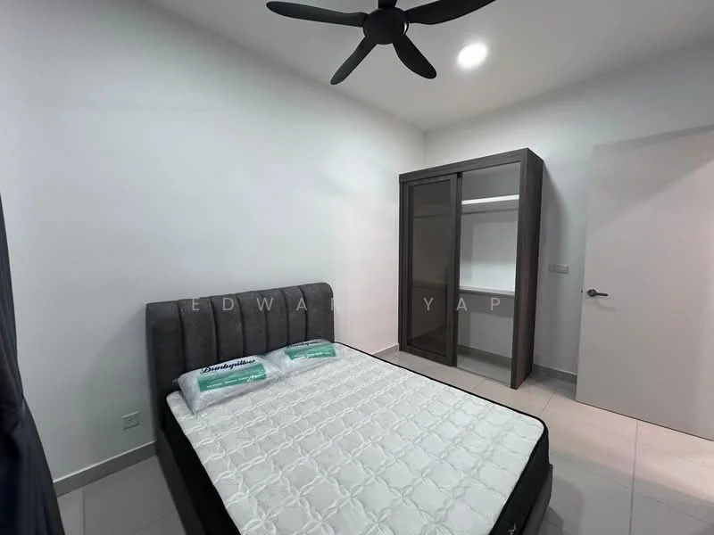 Bedroom features: queen-size bed, upholstered headboard, 2 bedside pillows, built-in wardrobe with glass doors, white painted walls, grey tiled flooring, 5-blade ceiling fan with light, recessed ceiling light; style: modern.