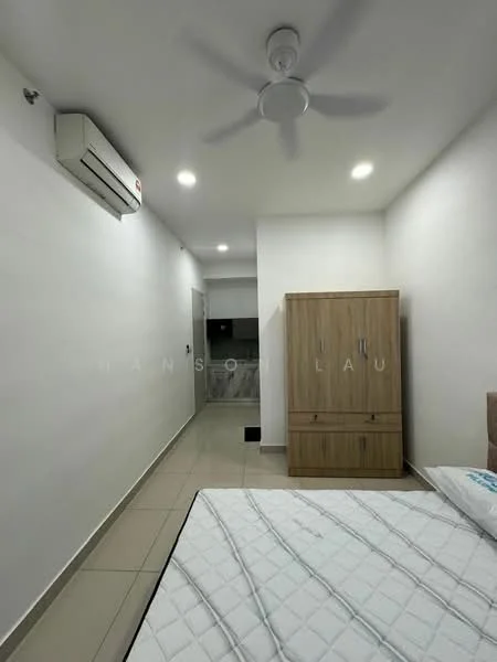 Room features: white painted walls, tile flooring, 5-blade ceiling fan, wall-mounted split AC, built-in wardrobe in light wood, single bed with mattress, recessed lighting, doorway leading to another room; style: modern.