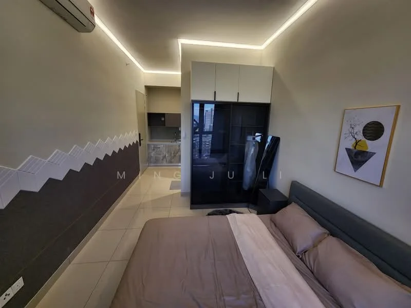 Bedroom features: queen-size bed with beige bedding, upholstered headboard, built-in wardrobe with sliding doors, floor-to-ceiling mirror, recessed LED lighting, cream painted walls, tile flooring, air conditioning unit on wall; style: modern. Kitchen features: kitchenette with grey cabinetry, marble countertop, stainless-steel sink, built-in stove, tile backsplash; style: modern.
