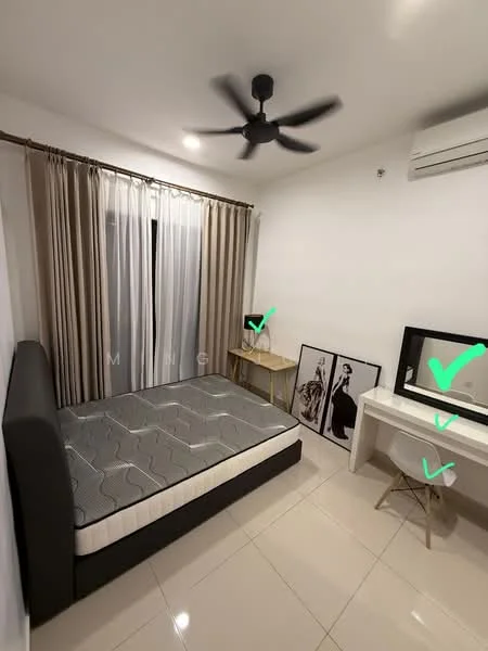 Bedroom features: queen-size bed, upholstered headboard, 2 bedside tables, wall-mounted TV, dressing table with mirror, ceiling fan, floor-to-ceiling windows, sheer curtains, white painted walls, glossy tile flooring, air conditioning unit; style: modern.