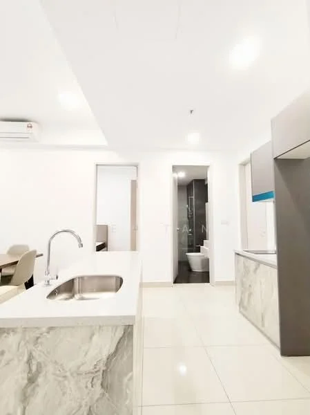 Kitchen features: single-bowl stainless-steel sink, chrome pull-down faucet, marble countertop, white cabinetry, built-in oven, freestanding range oven, ceramic tile flooring, recessed downlights, wall-mounted split AC; style: modern. Room features: white painted walls, doorway leading to bathroom, doorway leading to another room.