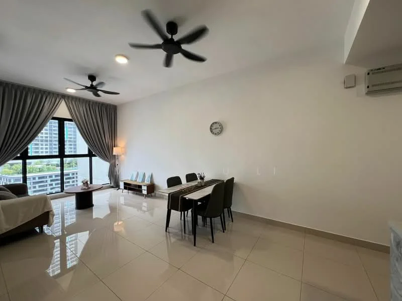 Living features: floor-to-ceiling windows, grey curtains, 2 ceiling fans, wall clock, light-colored walls, polished tile flooring, sofa, coffee table, dining table with chairs, air conditioning unit; style: modern; view: city.