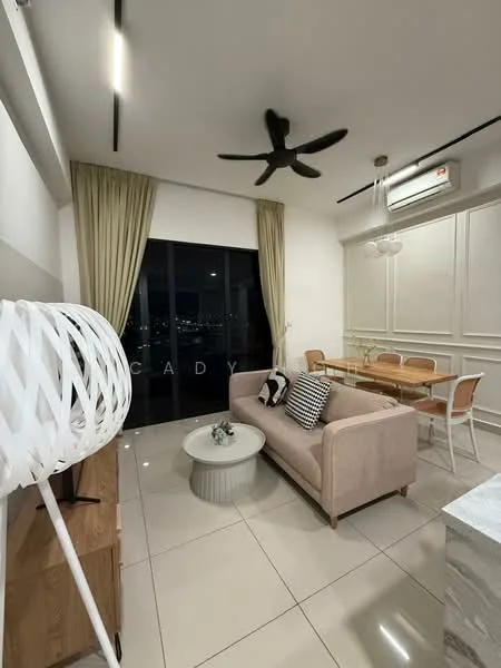 Living features: 3-seater fabric sofa in beige, round coffee table, floor-to-ceiling windows, sheer curtains, 5-blade ceiling fan, dining table with 4 chairs, marble countertop, tile flooring, wall-mounted air conditioning unit, decorative lamp, wall paneling, city view; style: modern; view: city.