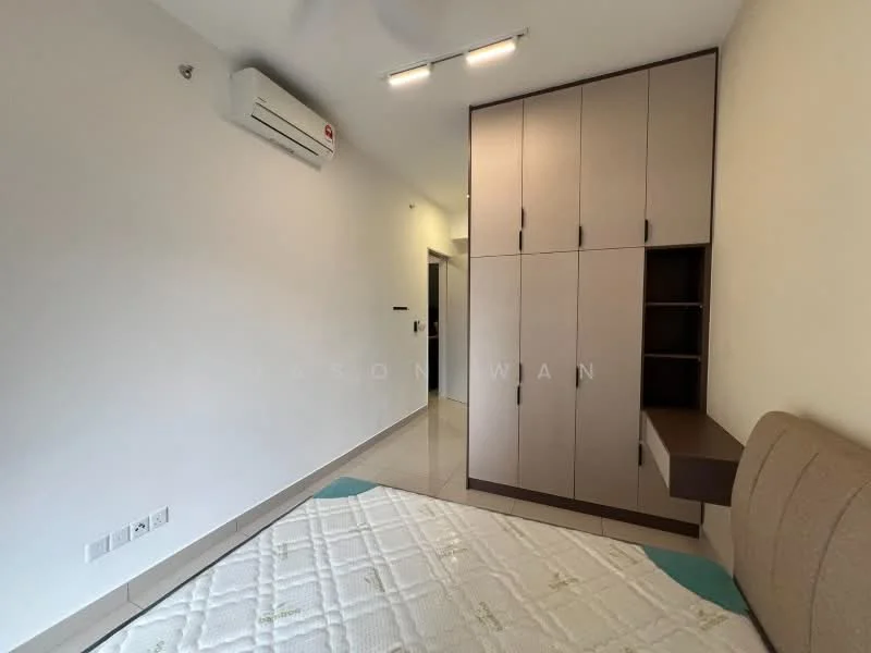 Bedroom features: cream painted walls, tile flooring, 1 wall-mounted split AC, built-in wardrobe with sliding doors, wooden bedside table, queen-size bed base, recessed ceiling lights; style: modern.
