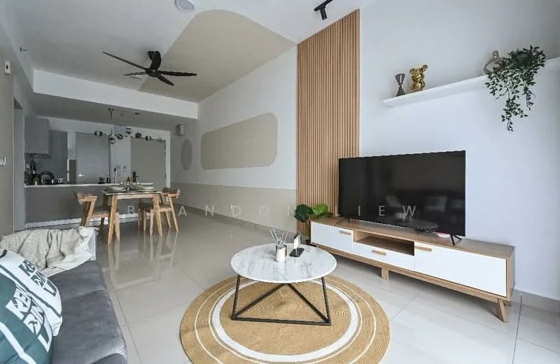 Living features: grey fabric sofa, round coffee table with marble top, black metal base coffee table, TV console with white and wood finish, wall-mounted TV, area rug with circular pattern, ceiling fan, decorative wall paneling, shelf with decorative items, potted plant, dining area visible in background, open layout; style: modern.