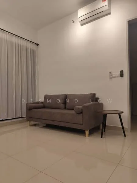 Living features: 3-seater fabric sofa in grey, side table, wall-mounted split AC, white painted walls, glossy tile flooring, sheer curtains, recessed downlights; style: modern.
