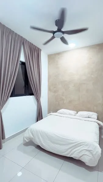 Bedroom features: queen-size bed with white bedding, 5-blade ceiling fan with light, cream painted walls, tile flooring, black framed window, floor-to-ceiling curtains in beige, recessed ceiling light; style: modern.
