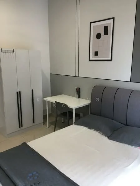 Bedroom features: queen-size bed, upholstered headboard in grey, white bedding, white walls, grey accent wall, built-in wardrobe with sliding doors, study desk with white surface, grey chair, tile flooring, framed artwork on wall, table lamp on desk; style: modern.