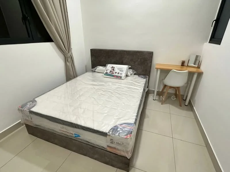 Bedroom features: queen-size bed with grey upholstered headboard, white bedding, wooden study desk, white chair, black framed windows, light grey curtains, cream painted walls, tile flooring; style: modern.