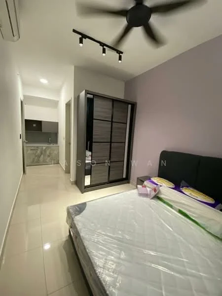 Bedroom features: queen-size bed, upholstered headboard, sliding mirror wardrobe, ceiling fan, recessed LED downlights, cream painted walls, glossy tile flooring, decorative wall with grey accent, window with sheer curtains; style: modern. Kitchen features: kitchen cabinetry with grey finish, marble countertop, built-in sink, stainless-steel appliances, recessed lighting; style: modern.