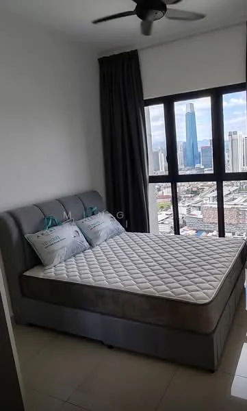 Bedroom features: queen-size bed, upholstered headboard, 2 decorative pillows, floor-to-ceiling windows, city skyline view, grey curtains, ceiling fan, light-colored tiled flooring, white painted walls; style: modern; view: city.