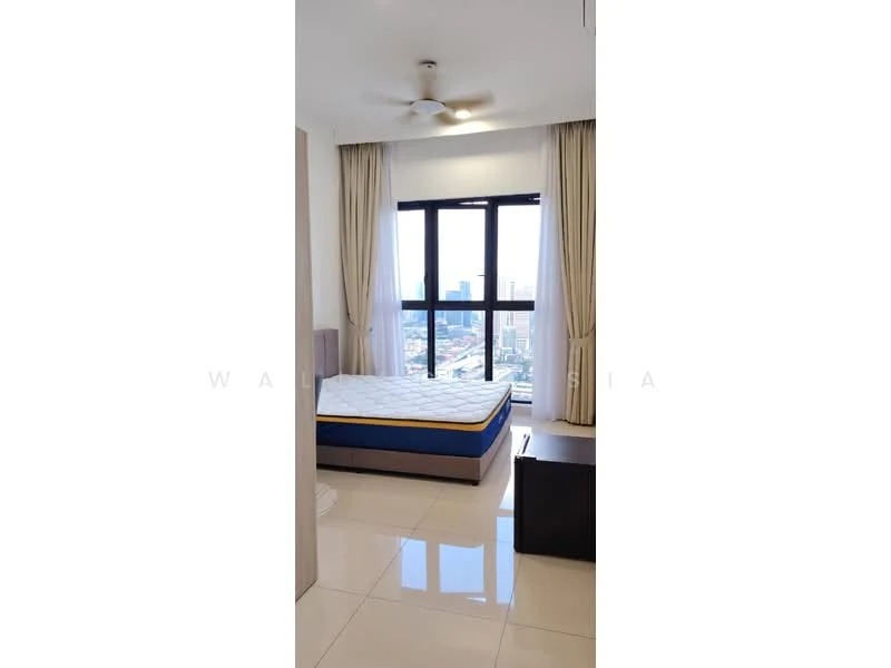 Bedroom features: queen-size bed, white walls, floor-to-ceiling windows, sheer curtains, 5-blade ceiling fan, glossy tile flooring, nightstand, city skyline view; style: modern; view: city.