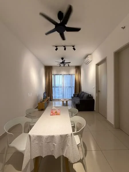 Living features: 3-blade ceiling fan, 2-seater fabric sofa in dark grey, dining table with white tablecloth, 4 white dining chairs, floor-to-ceiling windows, curtains, light-colored tiled flooring, wall-mounted air conditioning unit, neutral painted walls, recessed downlights; style: modern; view: city.