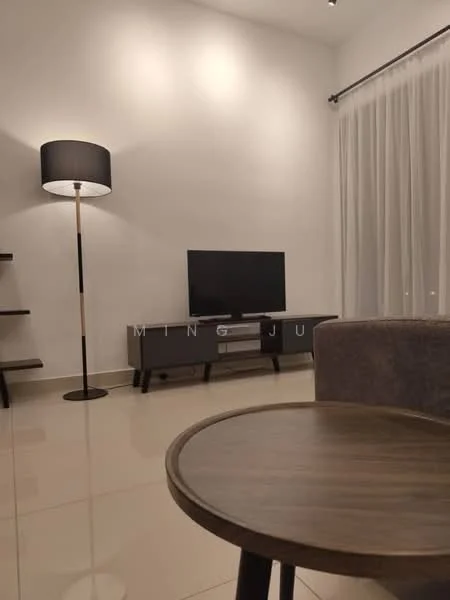 Living features: white painted walls, glossy tile flooring, floor-to-ceiling windows with sheer curtains, wall-mounted TV, TV console in dark wood, 3-seater fabric sofa in grey, round wooden coffee table, standing floor lamp with black shade, open shelving unit, recessed downlights; style: modern.