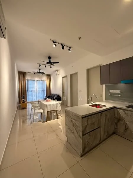Living features: white painted walls, polished tile flooring, 5-blade ceiling fan with light, recessed LED downlights, floor-to-ceiling windows with sheer curtains, dining table with four chairs, sofa, kitchen island with marble countertop, stainless-steel sink, built-in cabinetry, open layout, natural light from windows; style: modern; view: city.