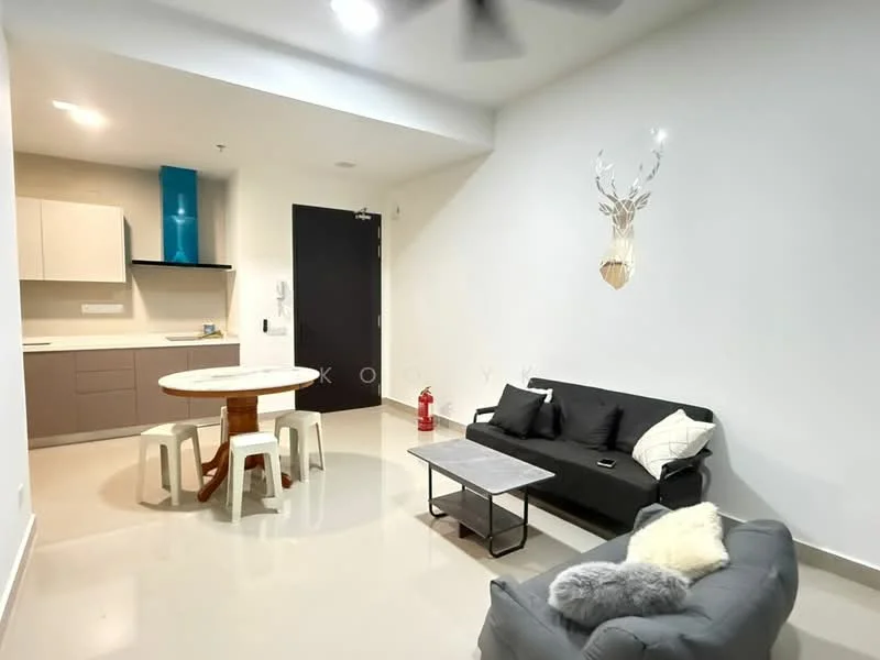 Living features: grey fabric sofa, round dining table, white plastic stools, black coffee table, wall-mounted deer head decor, recessed ceiling lights, ceiling fan, white painted walls, polished concrete flooring; style: modern.