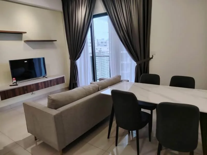 Living features: grey fabric sofa, marble-top coffee table, wall-mounted TV, floating shelf, floor-to-ceiling windows, sheer curtains, blackout curtains, dining table with four chairs, ceramic tile flooring, neutral wall colour; style: modern; view: city.