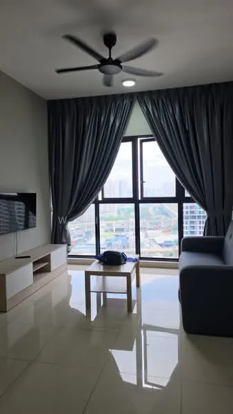 Living features: 5-blade ceiling fan with light, wall-mounted TV, TV console, sofa in grey, coffee table, floor-to-ceiling windows, grey curtains, glossy tile flooring, decorative wall, city view; style: modern; view: city.