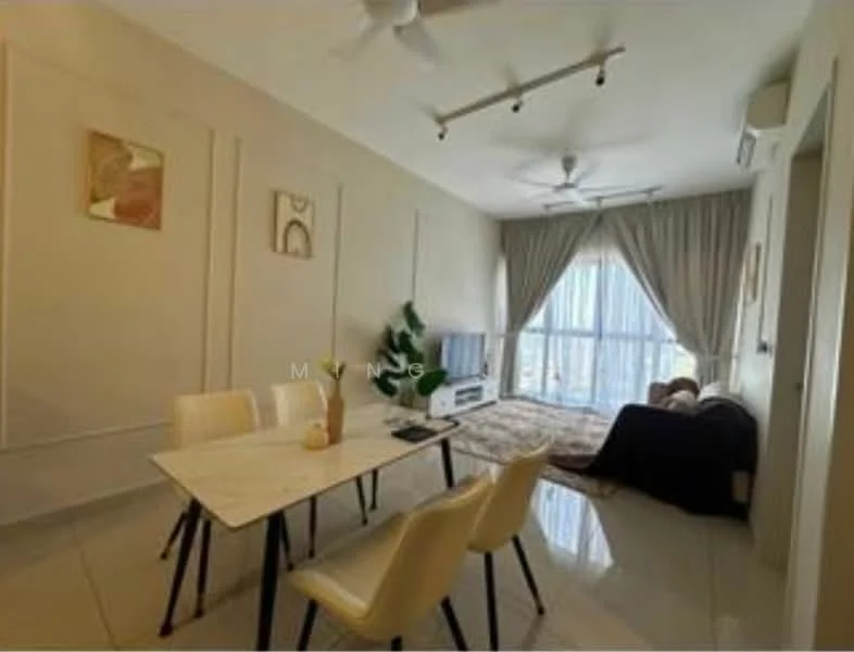 Living features: 3-blade ceiling fan, recessed downlights, floor-to-ceiling windows, sheer curtains, light-coloured walls, cream tiled flooring, L-shape sectional sofa in dark colour, coffee table, area rug, decorative wall art, potted plant, TV console; style: modern; view: city. Dining features: 6-seater dining table, white chairs, decorative centerpiece; style: modern.