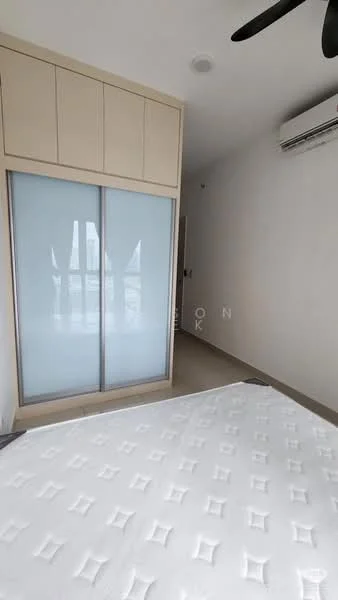 Bedroom features: built-in wardrobe with sliding doors, queen-size bed, wall-mounted air conditioning unit, light-colored walls, neutral tile flooring, ceiling fan, window with natural light, minimalist decor; style: modern.
