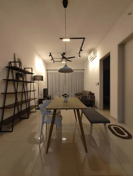 Dining features: rectangular wooden dining table, 4 white plastic dining chairs, grey upholstered bench, pendant light fixture, 5-blade ceiling fan with light, floor-to-ceiling window with sheer curtains, light-coloured walls, glossy tile flooring, open shelving unit, decorative plant on table; style: modern.