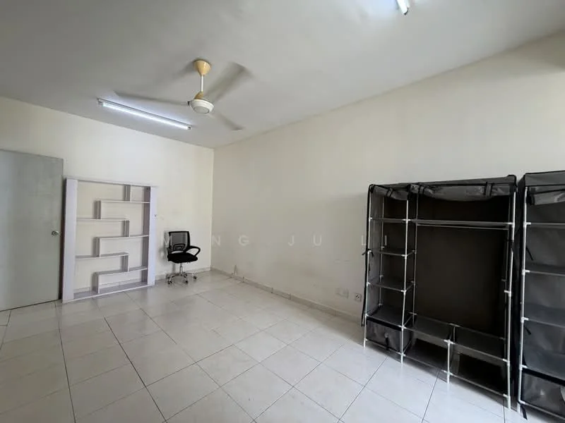Room features: white painted walls, tile flooring, ceiling fan, LED ceiling lights, office chair, foldable storage rack, door with simple design, window with no visible treatment; style: minimalist.