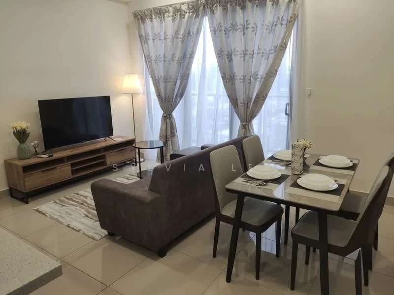 Living features: grey fabric sofa, 2-seater sofa, coffee table, TV console, wall-mounted TV, area rug, floor-to-ceiling windows, sheer curtains, laminate flooring, decorative vase with flowers, dining table for 4, upholstered dining chairs; style: modern.