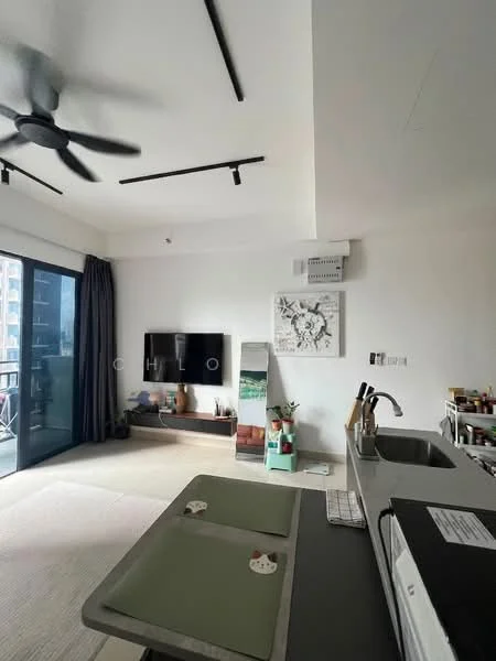 Living features: 5-blade ceiling fan with light, wall-mounted TV, TV console, sliding glass door, floor-to-ceiling windows, grey curtains, light-colored walls, recessed downlights, area rug, decorative mirror, open shelving, kitchen island with sink, stainless-steel microwave; style: modern; view: city.