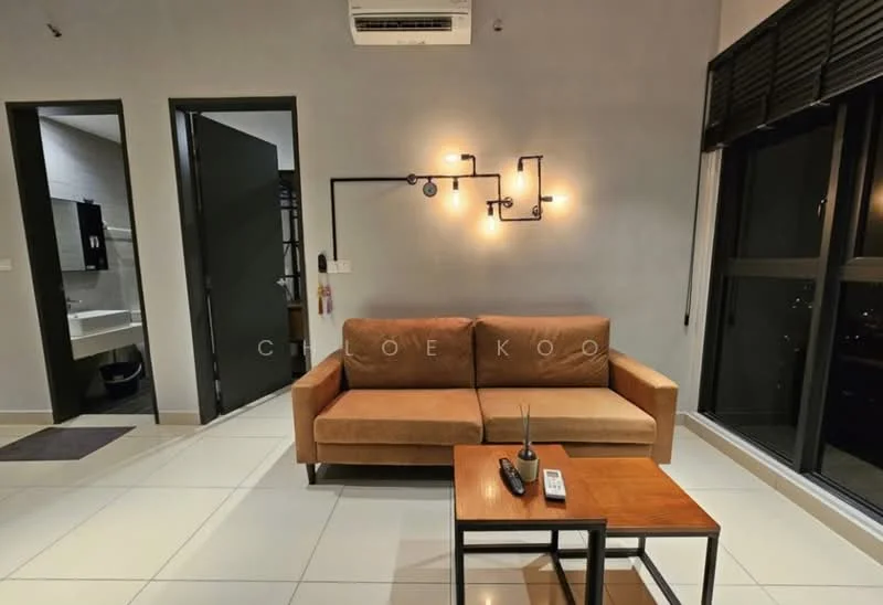 Living features: brown fabric sofa, wooden coffee table, wall-mounted light fixtures, floor-to-ceiling windows, white tiled flooring, air conditioning unit, grey painted walls, decorative wall art; style: modern; view: city. Room features: doorway leading to bathroom, dark door, light grey walls.