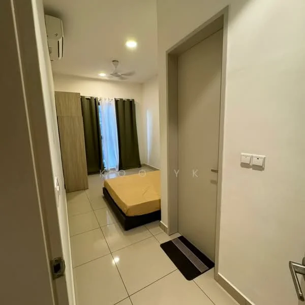 Room features: tile flooring, white painted walls, ceiling fan, window with sheer curtains, single bed frame, built-in wardrobe, door with handle, light switch, doormat; style: modern.