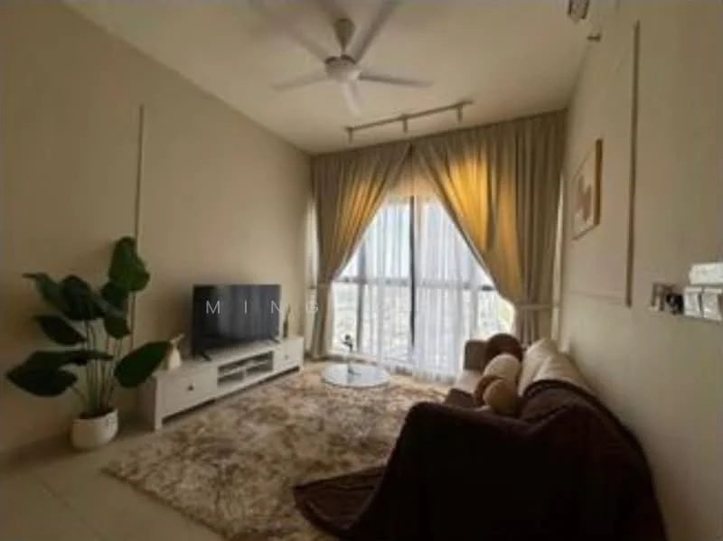 Living features: 3-seater fabric sofa in beige, coffee table, wall-mounted TV, TV console, area rug with geometric pattern, 5-blade ceiling fan, floor-to-ceiling windows, sheer curtains, decorative wall art, indoor plant, beige painted walls, light-colored flooring; style: modern; view: city.