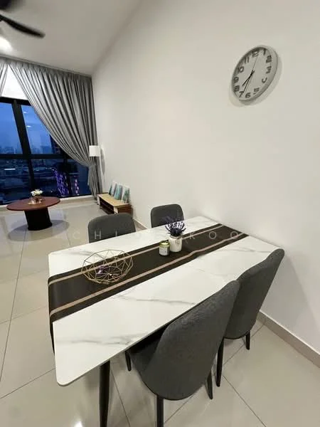 Dining features: marble dining table, 4 upholstered dining chairs in grey, decorative centerpiece on table, wall clock, floor-to-ceiling windows, curtains, tile flooring, side table with lamp; style: modern; view: city.