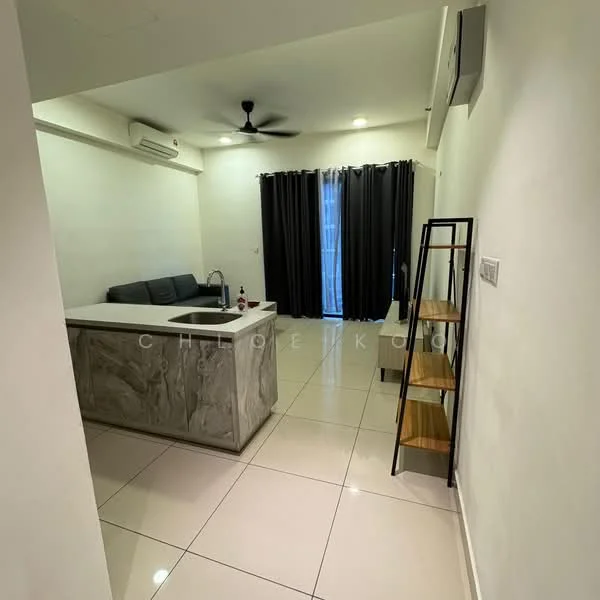 Kitchen features: grey marble countertop, single-bowl stainless-steel sink, chrome pull-down faucet, white cabinets, black leather sofa, floor-to-ceiling windows with sheer curtains, white painted walls, polished tile flooring, 5-blade ceiling fan, open shelving unit, recessed downlights; style: modern.