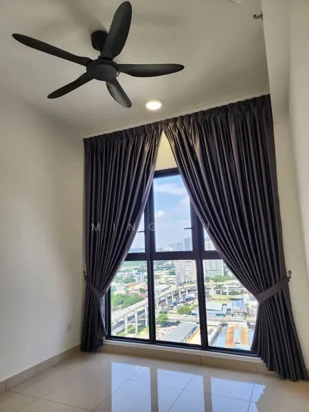 Room features: floor-to-ceiling windows, blackout curtains, 5-blade ceiling fan, white painted walls, glossy tile flooring, city view; style: modern; view: city.