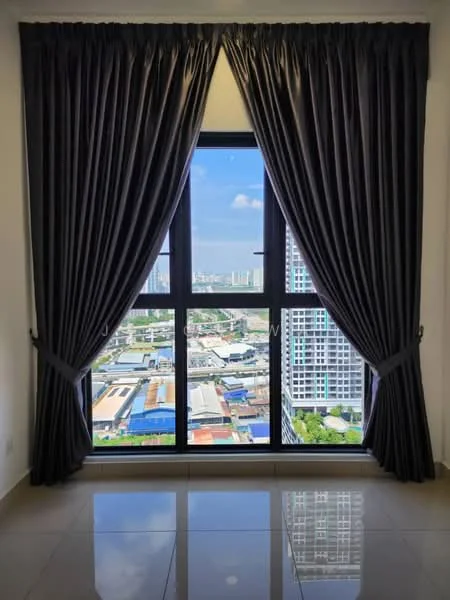 Room features: floor-to-ceiling windows, grey curtains, glossy tile flooring, city view, natural light, white walls; style: modern; view: city.