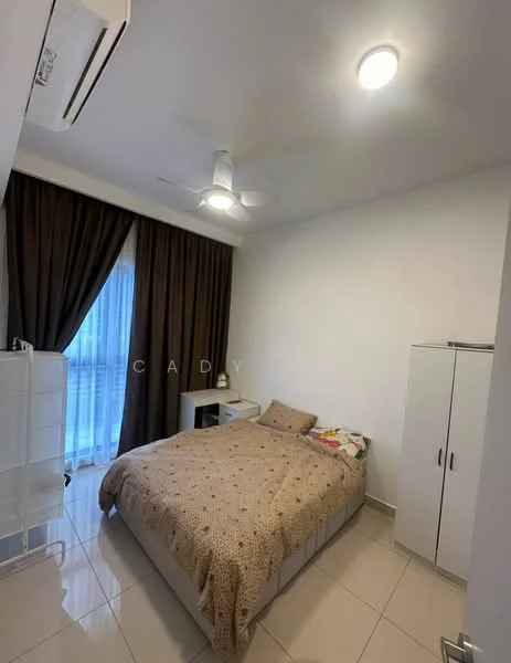 Bedroom features: queen-size bed with patterned bedding, 2 bedside tables, white wardrobe, ceiling fan, recessed ceiling lights, floor-to-ceiling window with sheer curtains, brown curtains, glossy tile flooring, wall-mounted air conditioning unit, decorative wall art; style: modern.