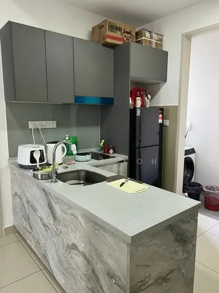 Kitchen features: grey flat-panel cabinets, marble-patterned countertop, single-bowl stainless-steel sink, chrome pull-down faucet, built-in microwave, black refrigerator, washing machine, tile flooring, wall-mounted shelves, green cleaning supplies, white kettle, cutting board; style: modern.