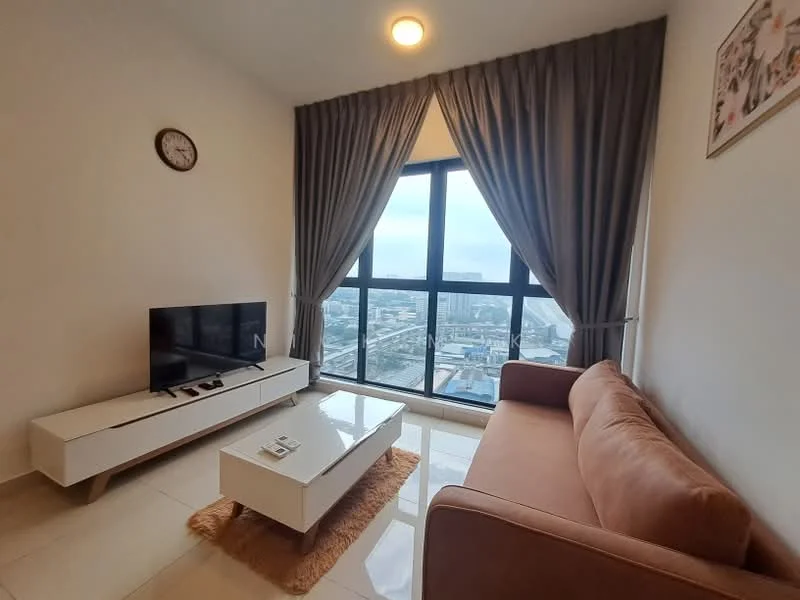 Living features: floor-to-ceiling windows, grey curtains, light beige fabric sofa, white TV console, wall-mounted TV, coffee table, clock on wall, glossy tile flooring, recessed ceiling light; style: modern; view: city.