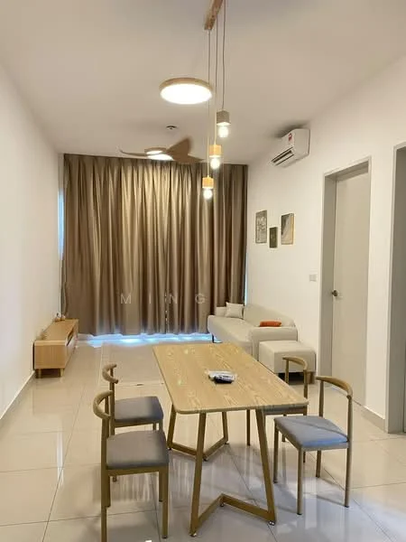 Living features: white painted walls, glossy tile flooring, 5-blade ceiling fan, recessed downlights, pendant lighting, sofa in light color, wooden dining table, 4 dining chairs, wall-mounted air conditioning unit, curtains in beige, TV console, decorative wall art; style: modern.