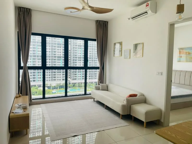 Living features: white painted walls, glossy tile flooring, 5-blade ceiling fan, floor-to-ceiling windows, sheer curtains, light-colored fabric sofa, wooden side table, area rug, decorative wall art, air conditioning unit; style: modern; view: garden.